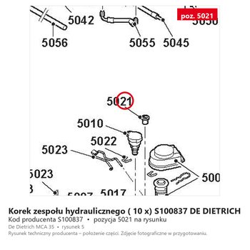 Korek zespołu hydraulicznego (10 x) S100837 DE DIETRICH