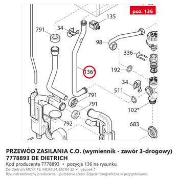 PRZEWÓD ZASILANIA C.O. (wymiennik - zawór 3-drogowy) 7778893 DE DIETRICH